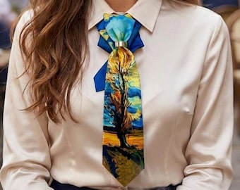 Van Gogh Inspired Tie Necklace, Pre Tied Womens Scarf Tie, Painting Print, Handmade in Italy