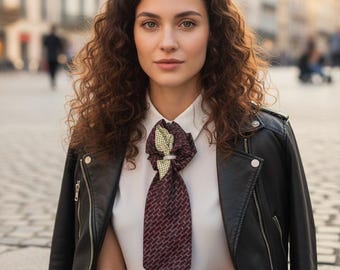 Women's Burgundy Silk Cravat | Sculptural Knot with Hidden Button Clasp | Handmade from Italy. ID00347