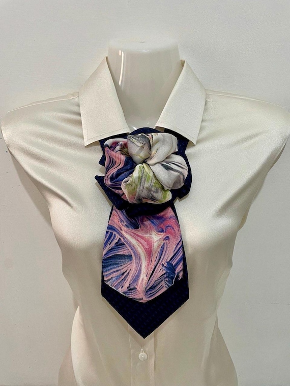 Silk Art Tie Necklace – Upcycled Textile Sculpture, Navy  display picture 1