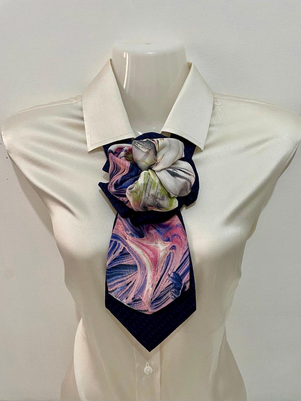 Silk Art Tie Necklace – Abstract Textile Sculpture for Women – Navy & Pastel Statement Neck Accessory – One of a Kind Gift
