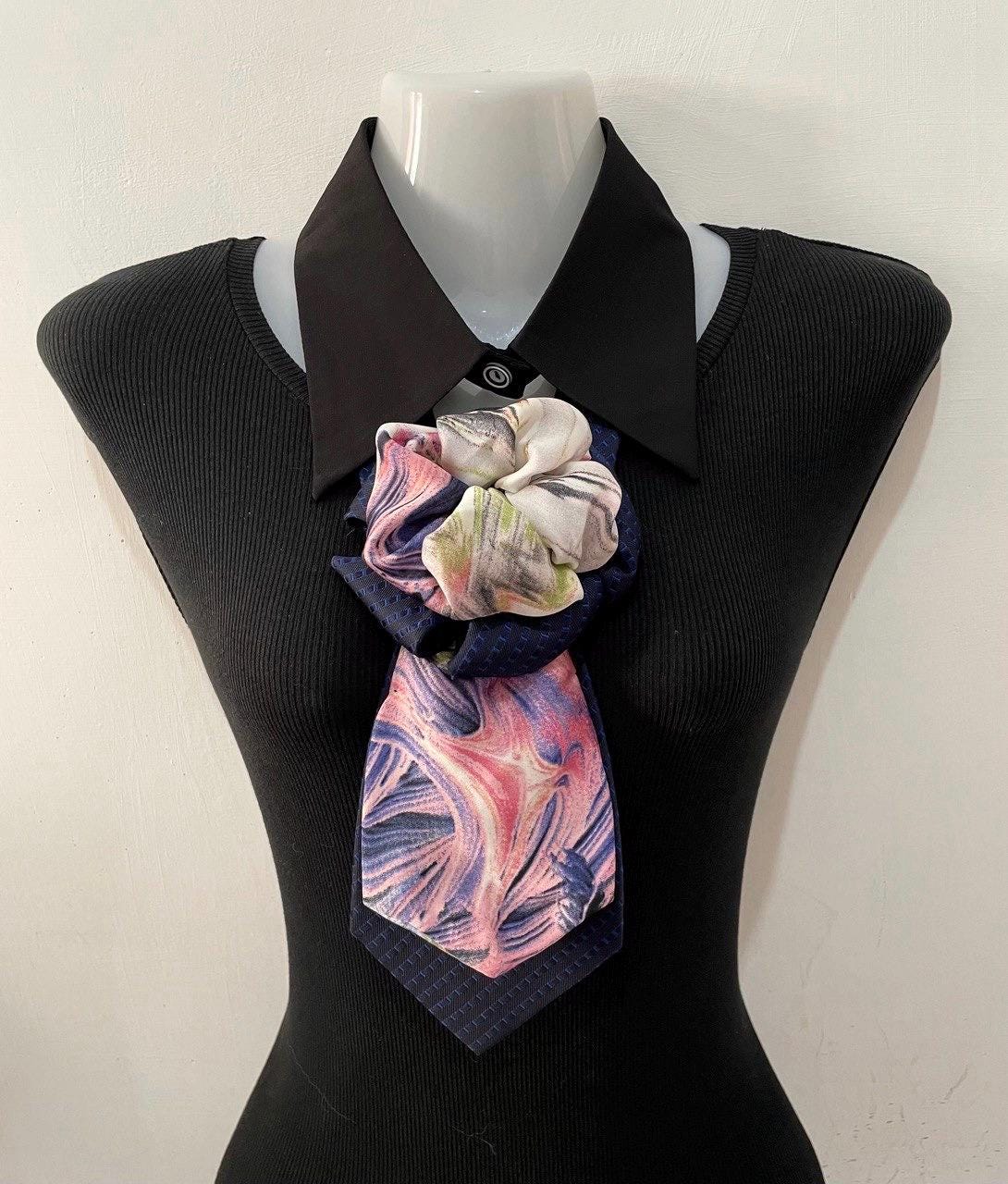 Silk Art Tie Necklace – Upcycled Textile Sculpture, Navy  display picture 2