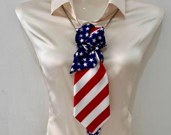 Collar con corbata de seda con la bandera estadounidense – Accesorio llamativo preanudado para el 4 de julio