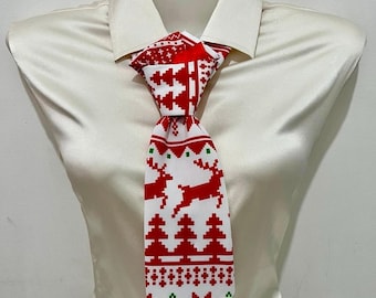 Collar de corbata navideña para mujer: corbata roja y blanca, con estampado de reno nórdico, preatado, cadena ajustable, accesorio festivo de Año Nuevo.