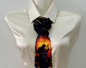 Corbata hecha a mano con estampado de violinista: accesorio romántico de poliéster para el cuello