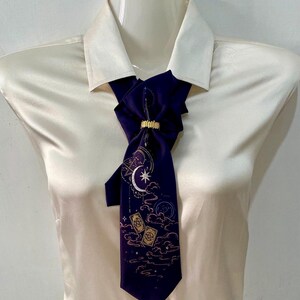 Celestial Tarot Tie for Women | East-Inspired Dark Purple Cravat | Moon & Stars Art Necktie | Handmade in Italy | Cravat Style