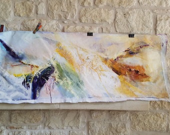 May include: Abstract painting on canvas with a white background and splashes of yellow, orange, green, and purple paint.
