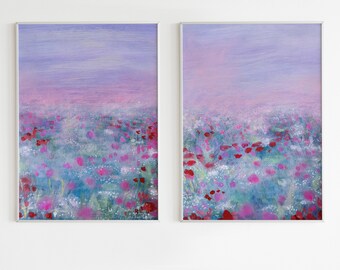 Set of Two Floral Paintings | Poppy Garden Original Artwork | Abstract Flowers Acrylic on Paper | Botanical Wall Art | Art Gift