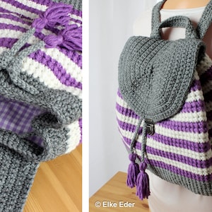 Peut inclure: Un sac à dos en crochet rayé gris et blanc avec des rayures violettes et des pompons violets. Le sac à dos a un rabat gris avec une fermeture à boucle. © Elke Eder