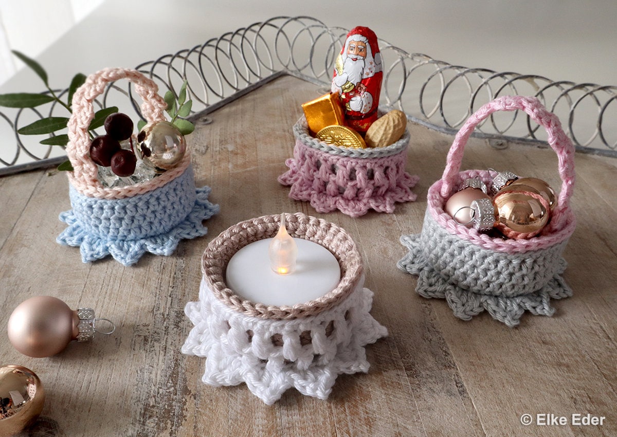 Crochet Pattern for LED Tealight Holder "Star Baskets" – Languages: US/DE