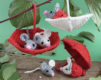 Crochet pattern "Mice gang with umbrella, scarf and bottom hat" - Decoration, tree decoration - Language: German