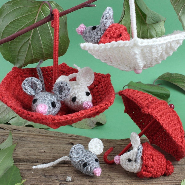 Crochet pattern "Mice gang with umbrella, scarf and bottom hat" - Decoration, tree decoration - Language: German