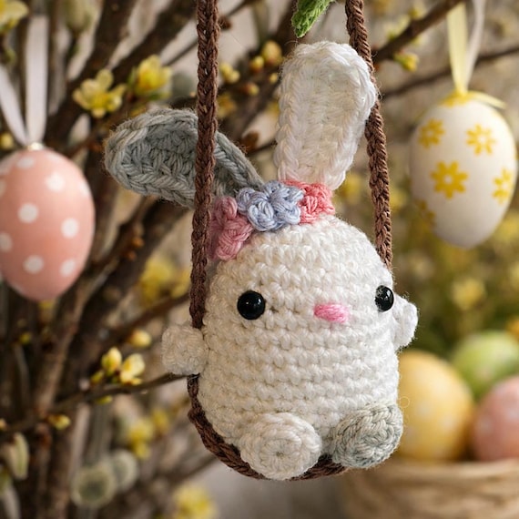 Crochet Pattern Bunny on Swing - Easter Decoration, Car Rear View
