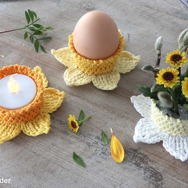 Häkelanleitung für Teelichthalter "Narzisse" / Crochet Pattern for Tealight Holder "Daffodil"; Sprache / Language: Deutsch / English