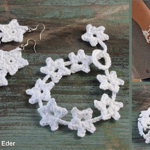 May include: A set of white crocheted jewelry featuring a bracelet, earrings, and a pendant. The bracelet is made of a chain of crocheted stars. The earrings are also crocheted stars. The pendant is a single crocheted star.