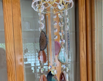 Asfour Crystal and Agate Wind Chime Sun Catcher,  Polished Agate and Crystal Mobile, Window Mobile, Window Jewelry, Garden Decor, Glass Art