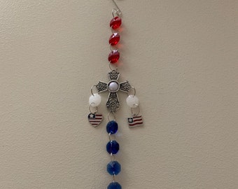 Patriotic Filigree Cross Sun Catcher, Red White and Blue Crystal Veteran's Day Gift, Window Jewelry, Garden Decor Yard Art, Window Mobile