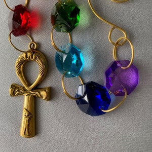 Ankh Chakra Sun Catcher, Rainbow Crystal Gold Ankh Sun Catcher, Window Jewelry Mobile, Garden Decor Yard Art, Egyptian Cross SunCatcher