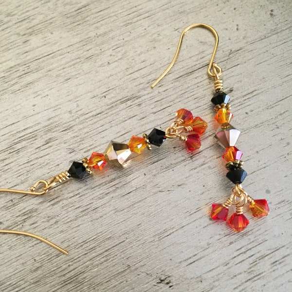 Orange and Black Genuine Swarovski Crystal Earrings, Gold Earrings, Swarovski Dangle Earrings, Elegant Dainty Earrings, Halloween Earrings