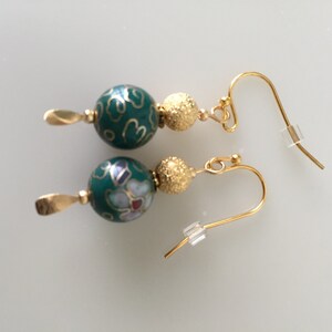 Green Floral Cloisonne Earrings, Green and Pink Cloisonne Earrings, Cloisonne Earrings, Gold Cloisonne, Green Cloisonne Earrings