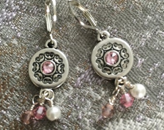 Boho Victorian Pink Earrings, Swarovski Crystal Dangle Earrings