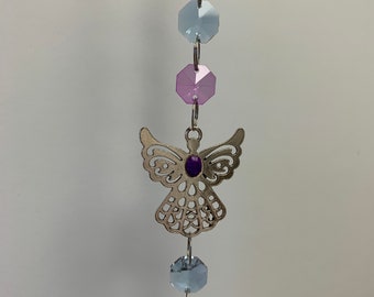 Guardian Angel Purple Crystal Silver Sun Catcher, Window Jewelry Garden Decor Yard Art, Angel SunCatcher Window Mobile