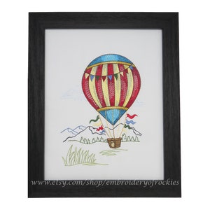 Hot Air Balloon Wall Decor, Wall Art, Unique Gift, Framed Wall Art, Embroidered