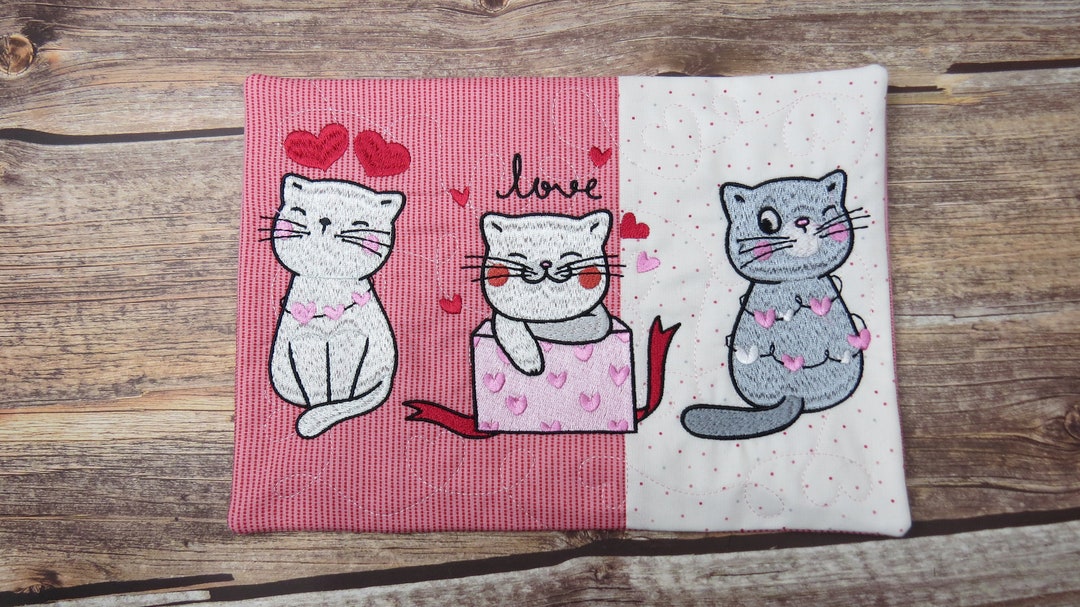 Mug Rug Large Oversized Embroidered Cat Kitten Love Mug Rug - Cat Lover Mug Rug ...