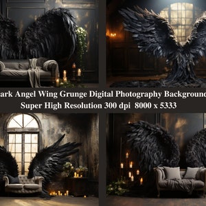 Digital Backgrounds - 4 High Resolution Ultra Realistic Black Angel Wing in Dark Grunge backdrops. Digital Photography. 300dpi 8000 x 5333