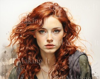 Watercolor Beautiful Red Hair Woman, Irish Princess Warrior Art - Digital Download 300dpi 12 in x 12 in