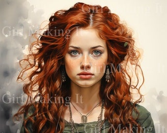 Watercolor Beautiful Red Hair Woman, Irish Princess Warrior Art - Digital Download 300dpi 12 in x 12 in