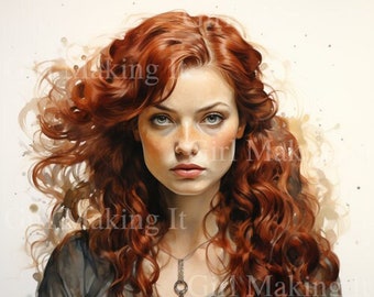 Watercolor Beautiful Red Hair Woman, Irish Princess Warrior Art - Digital Download 300dpi 12 in x 12 in