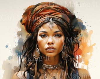 Watercolor Beautiful Black Hair Woman, African Princess Queen Warrior Art - Digital Download 300dpi 12 in x 12 in