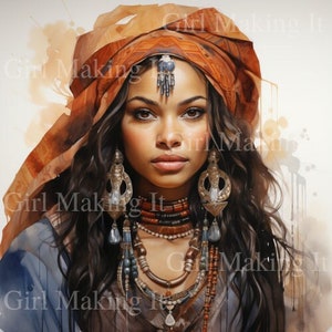 Aquarel Beautiful Black Hair Woman, African Princess Queen Warrior Art - Digitale Download 300dpi 12 in x 12 in