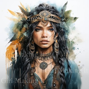 Watercolor Beautiful Dark Hair Woman, Native Princess Queen Warrior Art - Digital Download 300dpi 12 in x 12 in