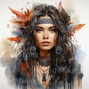 Watercolor Beautiful Dark Hair Woman, Native Princess Queen Warrior Art - Digital Download 300dpi 12 in x 12 in