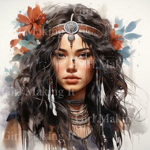 Watercolor Beautiful Dark Hair Woman, Native Princess Queen Warrior Art - Digital Download 300dpi 12 in x 12 in