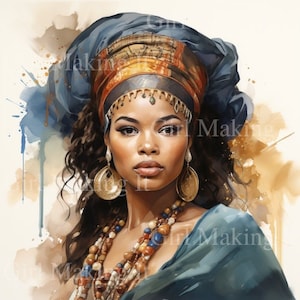 Watercolor Beautiful Black Hair Woman, African Princess Queen Warrior Art - Digital Download 300dpi 12 in x 12 in