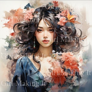 Watercolor Beautiful Modern Asian Princess Warrior in kimono Japanese Woman, Magical Mystical Art - Digital Download 300 dpi 12 in x 12 in