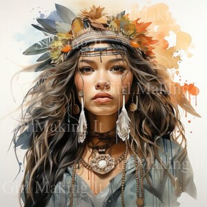 Watercolor Beautiful Dark Hair Woman, Native Princess Queen Warrior Art - Digital Download 300dpi 12 in x 12 in