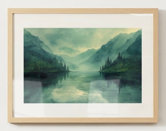 Pode incluir: Uma pintura em aquarela de um lago nebuloso cercado por montanhas e árvores verdes. A água reflete o céu e as montanhas, criando uma cena serena e tranquila.
