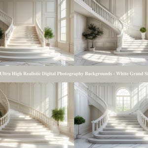 May include: Four digital photography backgrounds featuring a white grand staircase in a luxurious setting. The backgrounds are perfect for adding a touch of elegance to your photos.