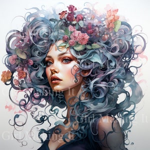 Watercolor Beautiful Modern Medusa Inspired Curly Hair Woman, Magical Fair Princess Art - Digital Download 300 dpi 12 in x 12 in