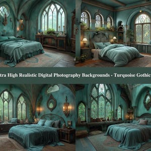 Digital Backgrounds 4 High Resolution Ultra Realistic Elegant Teal Turquoise Gothic Bedroom Boudoir or Portrait Digital Backdrops. 300dpi