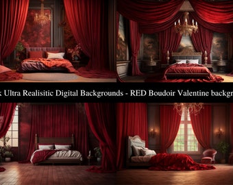 Fondos digitales 4 fondos de boudoir de dormitorio hermosos y elegantes de color rojo ultra realistas de alta resolución Fotografía digital. 300 ppp 4000x2635