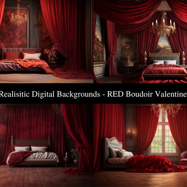 Digital Backgrounds - 4 High Resolution Ultra Realistic Dark Red Bedroom Boudoir backdrops Digital Photography Backgrounds. 300dpi 4000x2635