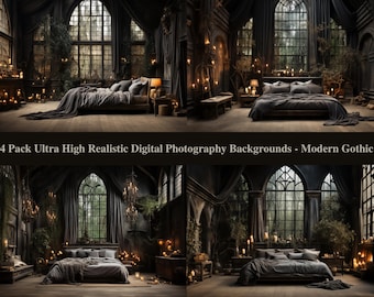 Digital Backgrounds - 4 High Resolution Ultra Realistic Elegant Black Gothic Bedroom Boudoir or Portrait Digital Backdrops. 300dpi 4000x2635