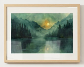 Pode incluir: Uma pintura digital de uma cena de lago nebulosa com um sol amarelo se pondo atrás de uma cordilheira. O lago é cercado por árvores verde-escuras e a água reflete o sol e as montanhas.