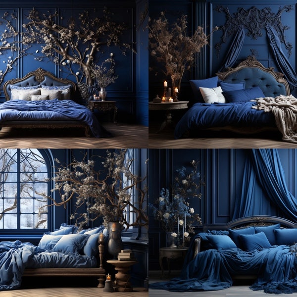 Digital - 4 Ultra High Resolution Realistic Beautiful Blue Vintage Bedroom Boudoir backdrops - Digital Photography Backgrounds. 300dpi