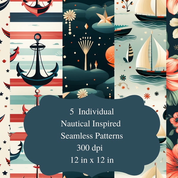 5  Individual Digital Nautical Inspired  Seamless Patterns 300 dpi 12 in x 12 in - Boats, Anchors, Ocean Background - Instant Downloads