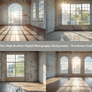 May include: Four digital photography backgrounds featuring a white brick warehouse studio space with large windows. The backgrounds are ideal for product photography or creating a modern, industrial aesthetic.